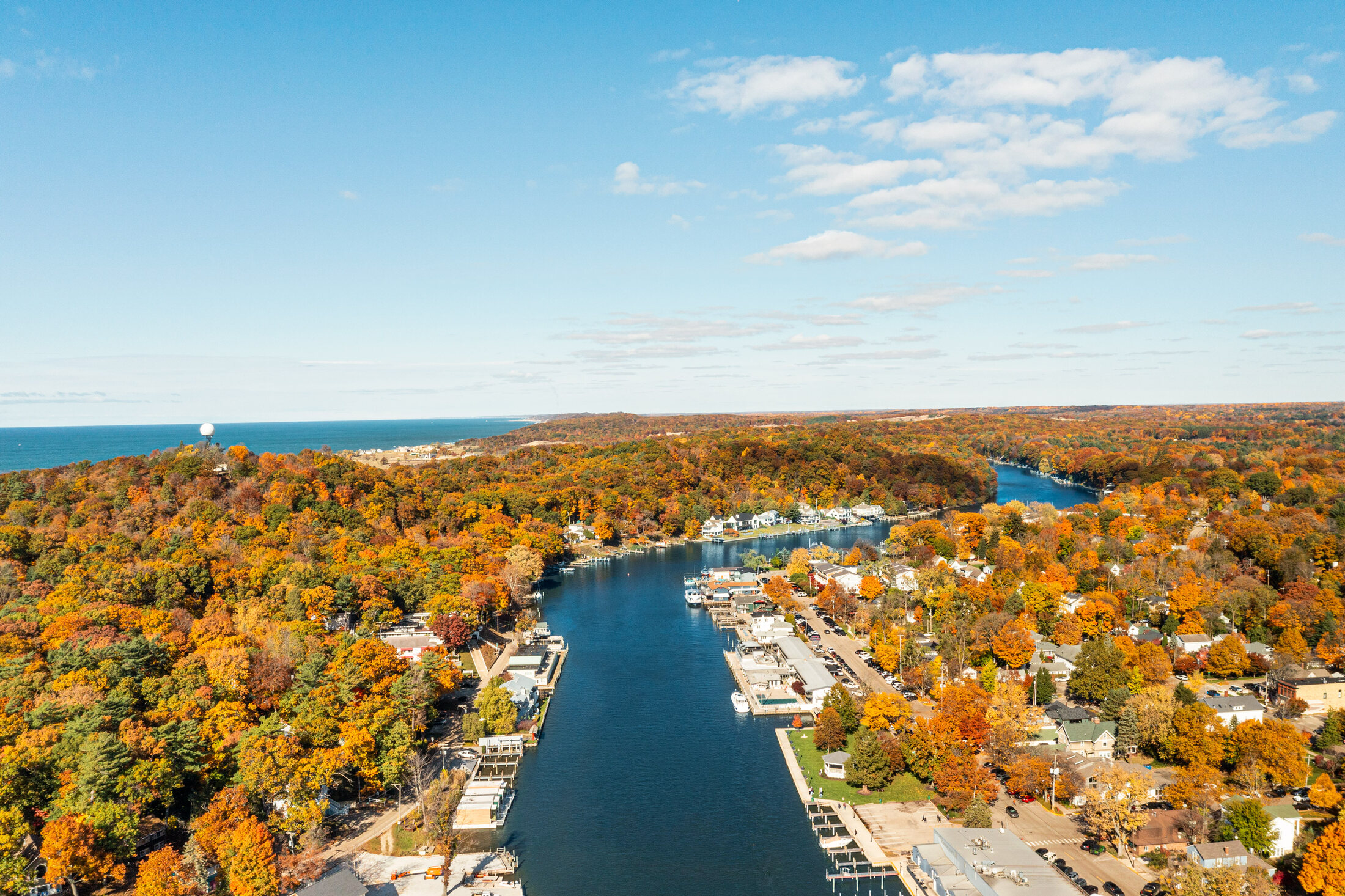 Aerial view of the Saugatuck waterfront in autumn