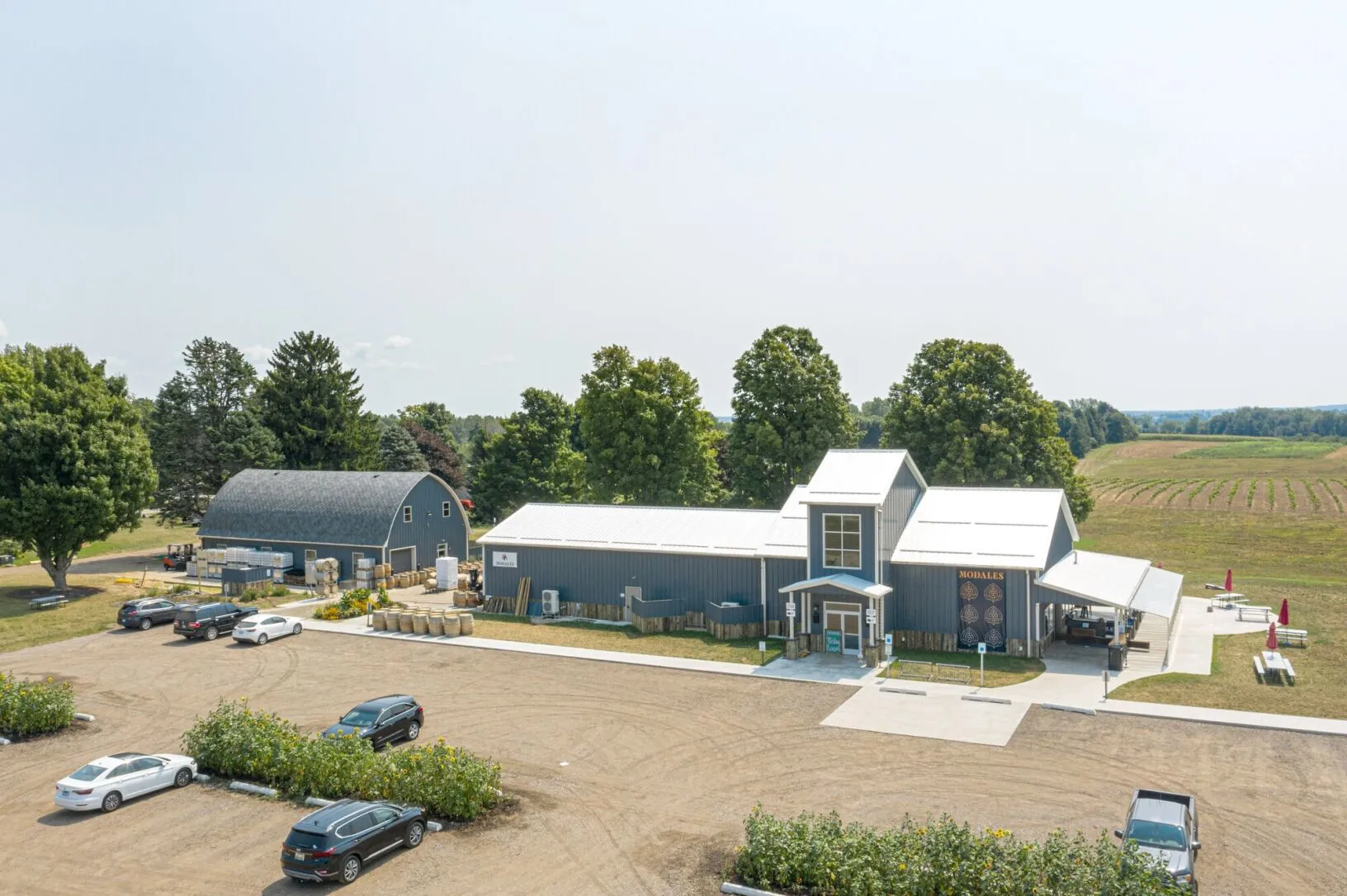 An aerial shot of the Modales Wines building.