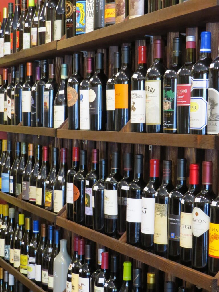 Wine bottles on a shelf at Wine Sellers of Saugatuck.