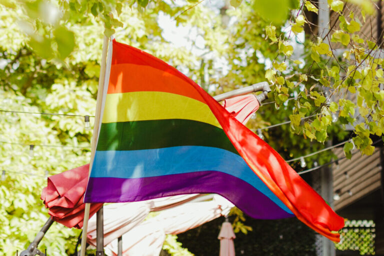 A pride flag in downtown Saugatuck.