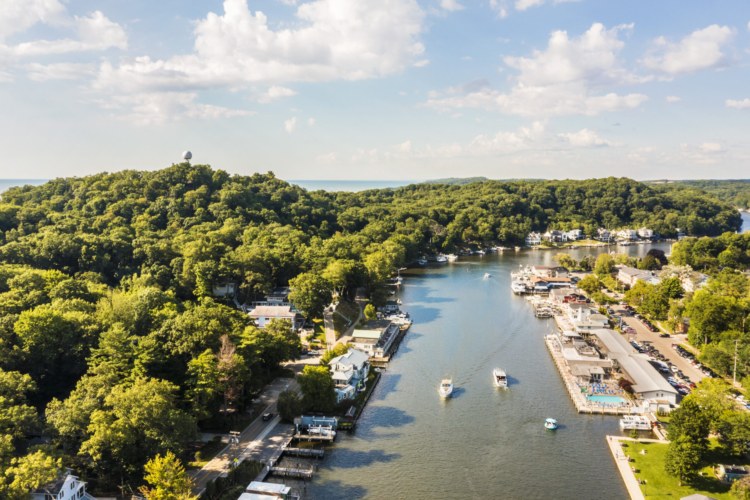 An aerial view showing downtown Saugatuck and the Kalamazoo River.