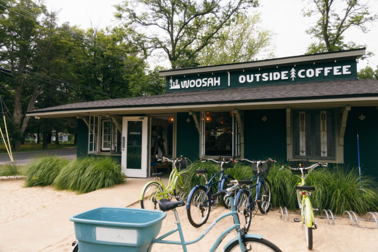 Outside of Woosah Outside Coffee. Bikes are in the foreground.